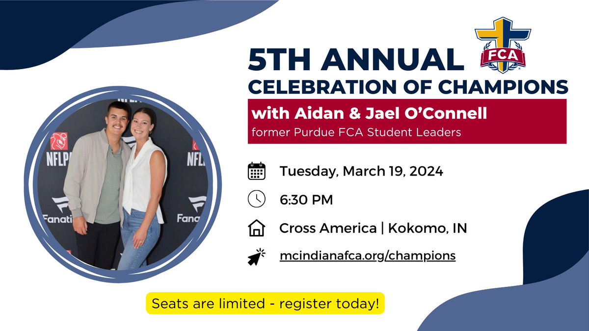 ⏳ The countdown is on - just 2️⃣0️⃣ DAYS until FCA Celebration of Champions!

Register here ➡️ mcindianafca.org/champions to join us for this special evening of ministry!

<a href="/Raiders/">Las Vegas Raiders</a> 
<a href="/BoilerFootball/">Purdue Football</a> 
<a href="/PurdueSports/">Purdue Sports</a> 
<a href="/PurdueVB/">Purdue Volleyball</a> 

#FCA247