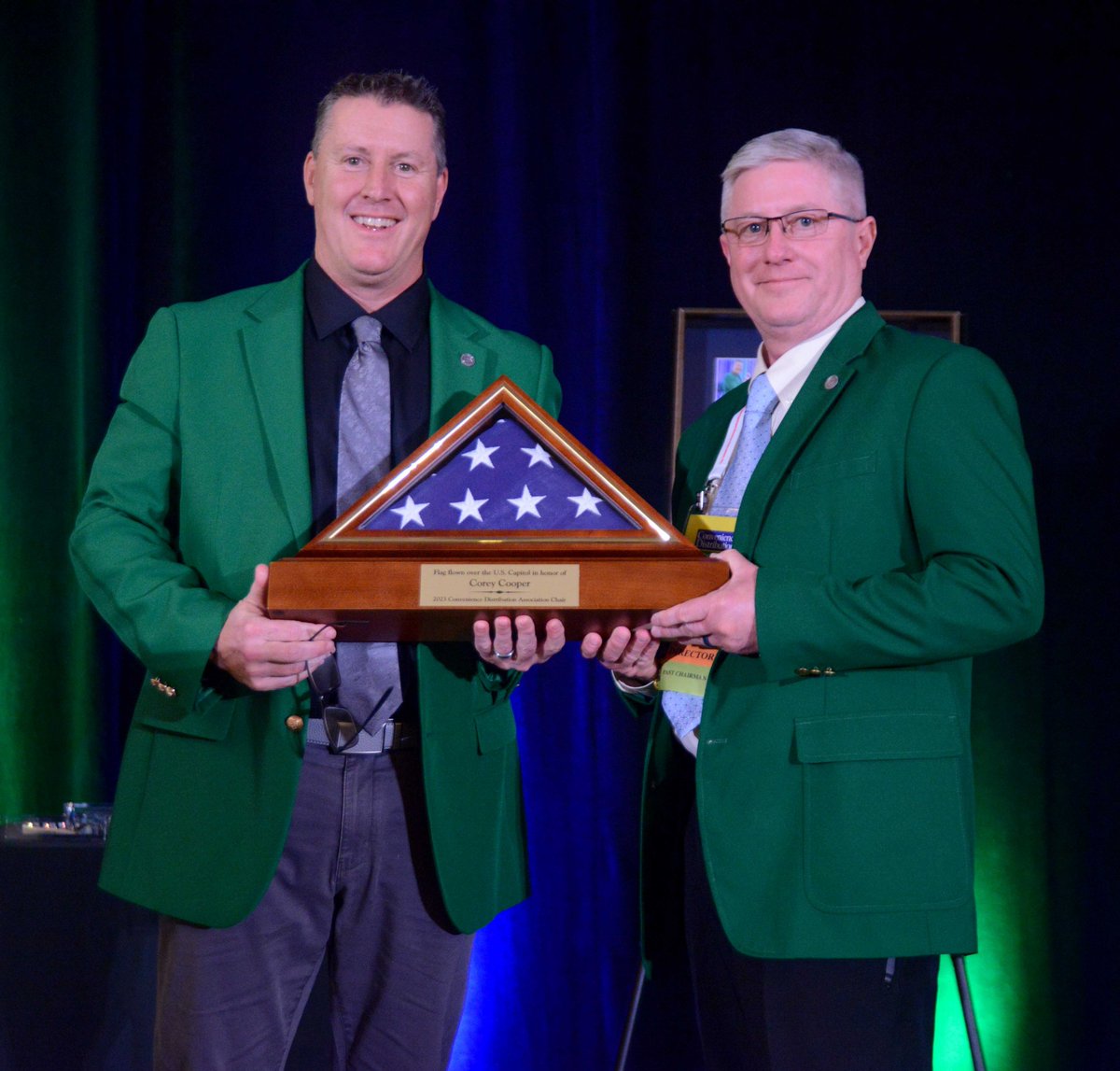 At Tuesday night's #Marketplace2024 Awards Dinner, 2024 Chair Bill Stein (left) presented 2023 Chair Corey Cooper with a flag flown over the U.S. Capitol to commemorate his service. Thanks for everything, Corey!