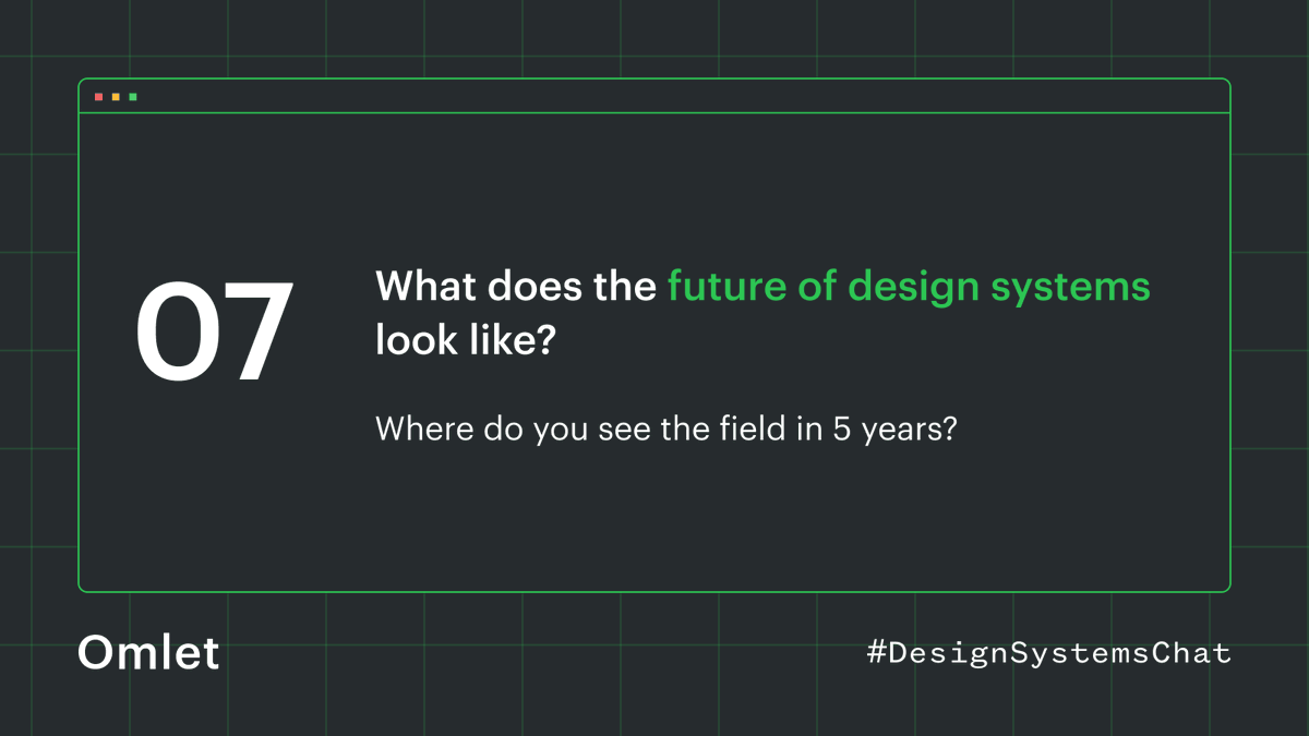 omlet_dev's tweet image. Q7: What does the future of #designsystems look like?

@TaylorCashdan #DesignSystemsChat 🍳