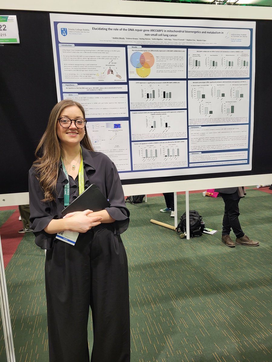 Congratulations to Aoibhín Woods on the presentation of her undergraduate research project on #DNArepair and #metabolism in #lungcancer @tcddublin @CancerInstIRE at #EAI2024 @News_IACR @EACRnews @AACR 👩‍🔬🔬👏 #EAI2024SciencetoClinic #ProudSupervisor #thefutureisbright #LCSM