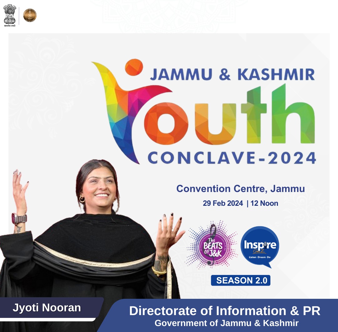 Join us at the J&K Youth Conclave on 29th Feb 2024 at Convention Center Jammu for a mesmerizing performance by the renowned singer #JyotiNooran! Don't miss out on this incredible opportunity to witness her captivating voice.