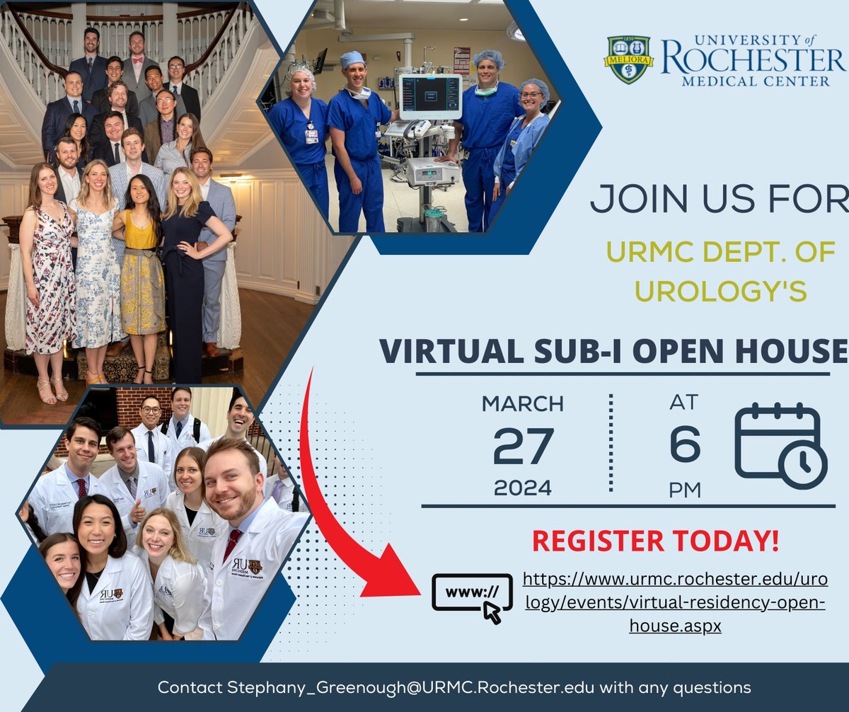 👩‍⚕️💡 Attention med students! #URMCUrology is hosting a virtual Sub-I open house on 3/27 ‼️ Come meet our residents + faculty & learn more about the opportunities #URMCUrology has to offer! 
Register online  today!👇 urmc.rochester.edu/urology/events… 

#URMCUroRes #MedTwitter #SubInternship