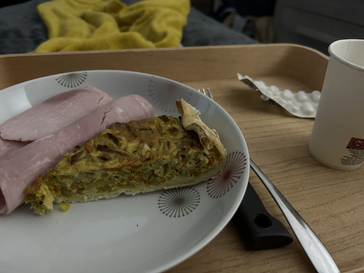 En fait … je suis malade et fiévreuse !
Le truc hallucinant car je ne fais jamais de fièvre 🤒 
I am stick and I have a fever. 
Zébulon a préparé un plateau pour que je mange un peu et m’a porté à l’étage pour que je reste au calme. ☺️ 🙏 
#fibromyalgie et #malade