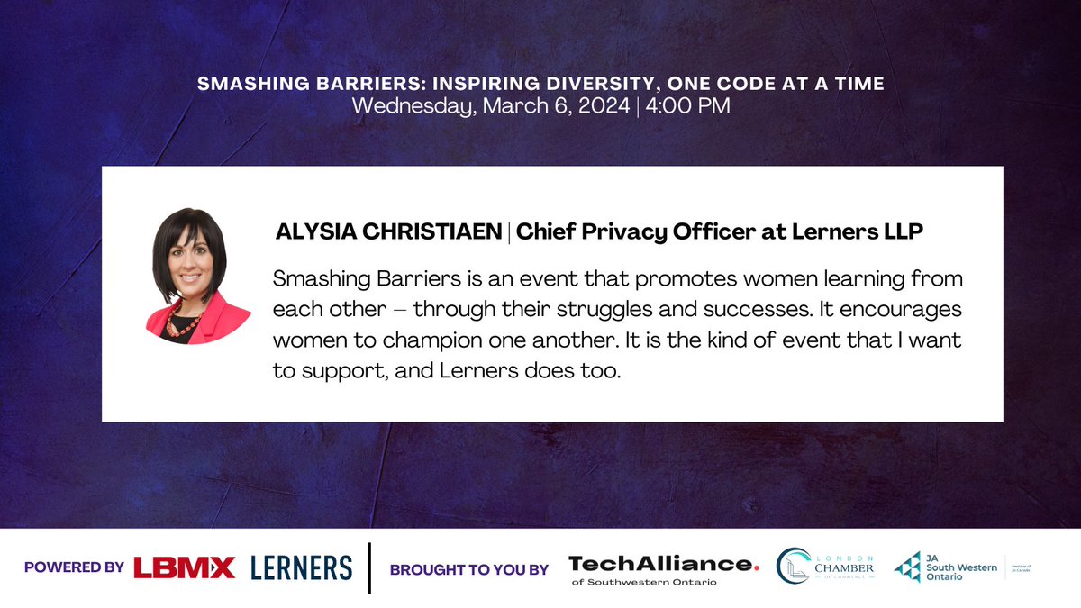 See what our regional woman leader, Alysia Christiaen, Chief Privacy Officer at @LernersLLP has to say about Smashing Barriers! It's your last chance to avoid serious FOMO this #IWD2024. You won't want to miss this A-list speaker. 1 week to go!⬇️ SmashingBarriers2024.eventbrite.ca