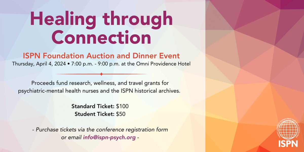 Don’t forget to buy a ticket for ISPN Foundation’s dinner & auction when you register for the conference. Discount pricing ends March 1. Enjoy food, camaraderie, and bidding on silent and live auction items. Please bring an item to donate. ispn-psych.org @ISPNConnect