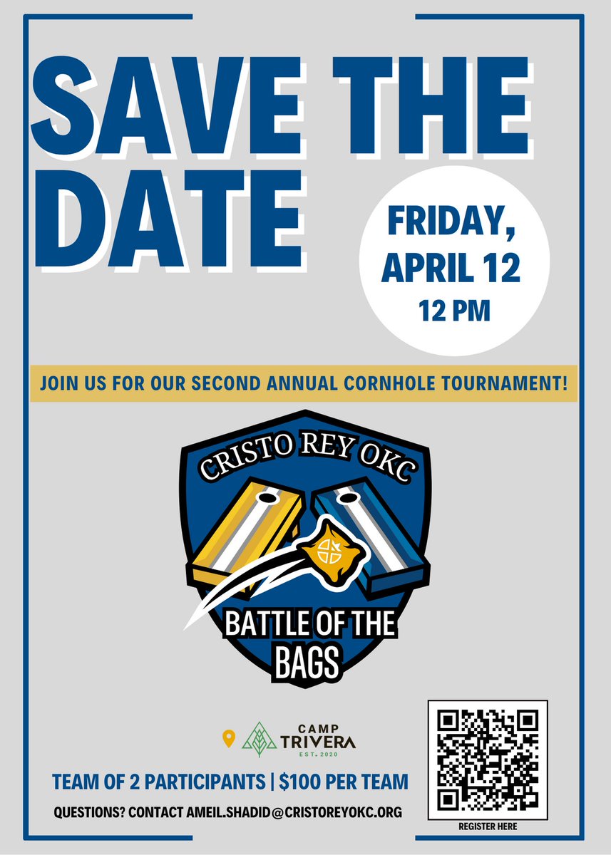 Join us for another epic battle!There will be great music, tasty walking tacos, a complimentary bar, games, awards, and of course, the main event: THE BATTLE OF THE BAGS.
 
Click here to register for sponsorships and tickets: 
cristoreyokc.org/battle-of-the-…