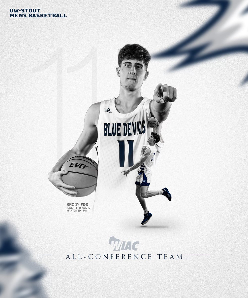 Brody Fox (JR) was named to the All Conference Team after leading the country in scoring for much of the year while finishing the season 53% from the field. Brody is fifth in all time scoring at UW - Stout. Congrats Brody 🦊!