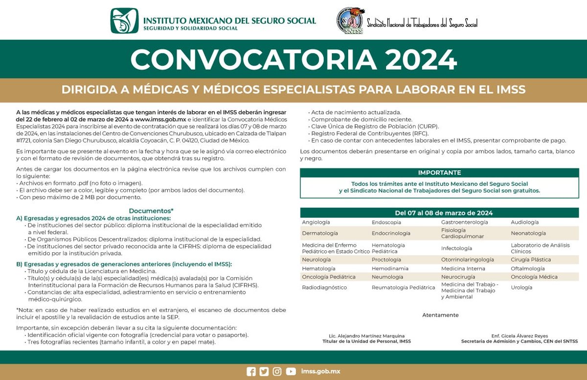 Convocatoria 2024 dirigida a Médicas y Médicos Especialistas para Laborar en el IMSS.

Registro en: rh.imss.gob.mx/ResidentesInte…