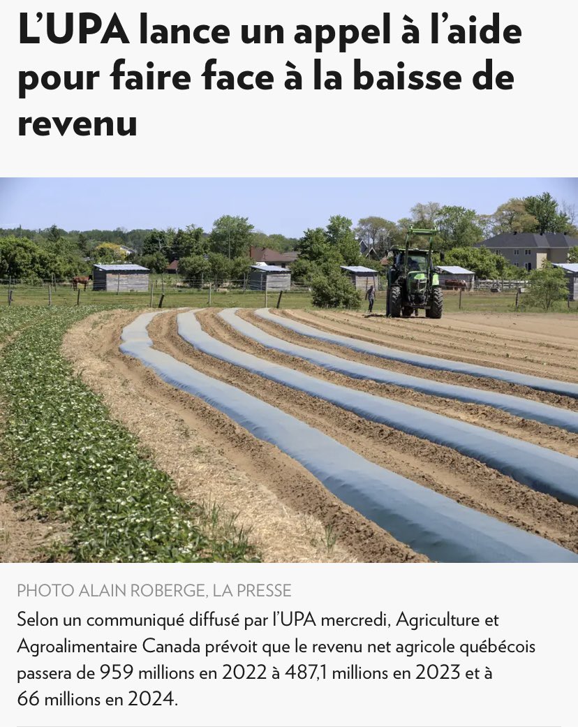 Une chute de revenu net de 86,5% en 2 ans pour les agriculteurs. Qui pourra résister à ça? Une ferme de perdue, c’est l’occupation du territoire et notre résilience alimentaire qui souffre et de la détresse. Il nous faut un plan pour notre agriculture au Québec. #polqc #assnat