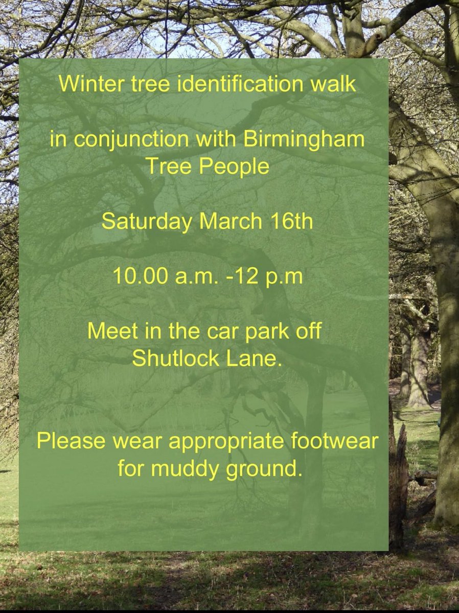 🌲🌳We are once again partnering with ⁦@BhamTreePeople⁩ for a Winter Tree identification walk 🌲🌳 📍Saturday 16 March at 10am-12pm 📍Meet in the car park off Shutlock Lane. 🥾Please wear appropriate shoes or boots for muddy ground. All welcome!