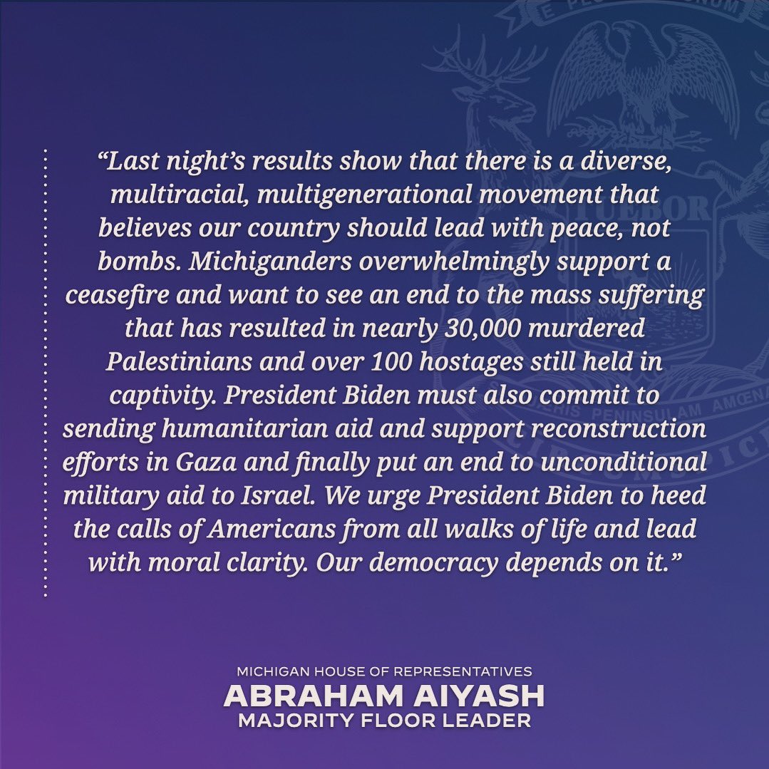 AbrahamAiyash's tweet photo. It’s time to listen to Michigan to usher in peace and save our democracy. #CeasefieNow https://t.co/rzsa3OBhCk
