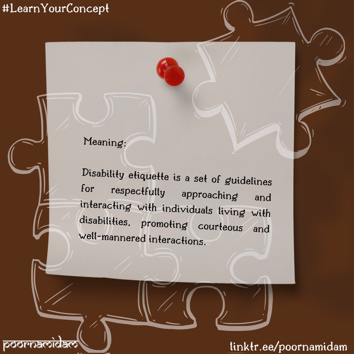 poornam_idam's tweet image. #LearnYourConcept series 1/🧵

Basic disability etiquette involves treating people with disabilities with respect.

For example, speak to the person directly, not to the person accompanying them.