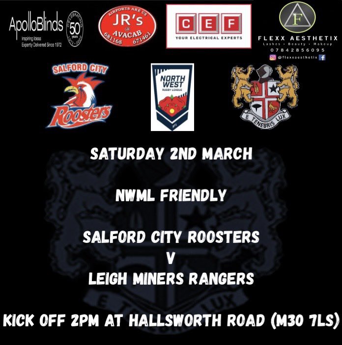 🟡⚫️ NWML SATURDAY ⚫️🟡 🏉 @SalfordRoosters v Leigh Miners 🏟 Hallsworth Road (M30 7LS) 📅 Saturday 2nd March ⏰ 2pm kick off 🏆 NWML Friendly #123Miners