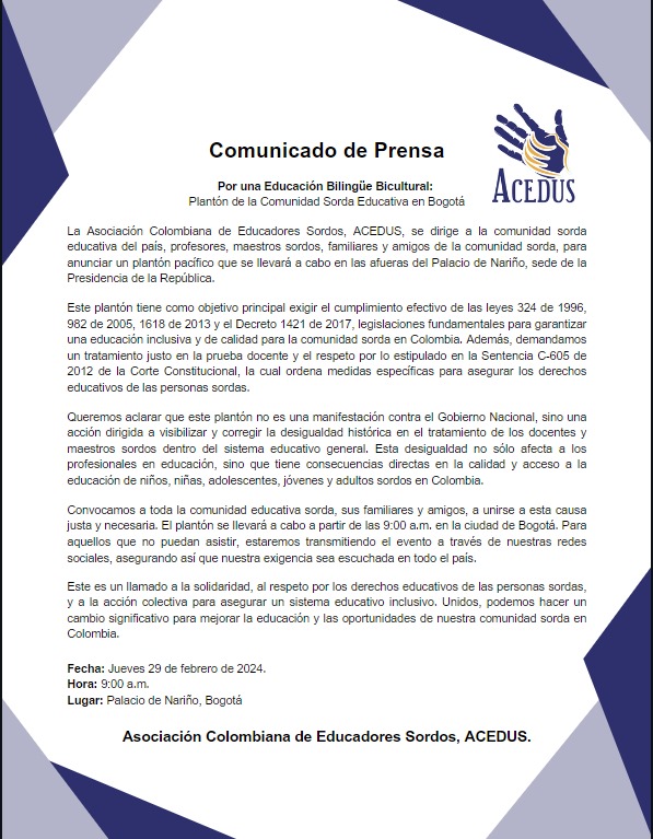 AAcedus's tweet photo. Comunicado de prensa de ACEDUS en Lengua de Señas Colombiana (LSC) pueden encontrar en: https://t.co/zwthWlbHjH y https://t.co/6BkiURnDrM
@correalexandra @Citytv @redveeduriascol @BluRadioCo @rcnradio @WRadioColombia @CaracolRadio @RadNalCo @NoticiasUno @CMILANOTICIA https://t.co/z7cg8fa2bU