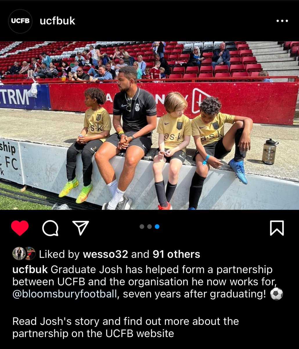 I’m so pleased that we’ve been able to partner <a href="/bloomsburyftbl/">Bloomsbury Football</a> with <a href="/ucfb/">University Campus of Football Business</a>. The two organisations align on their values and mission, supporting young people to unlock their potential 🤝 

Hopefully we’ll have Bloomsbury players both playing and studying at Wembley in the future 👀