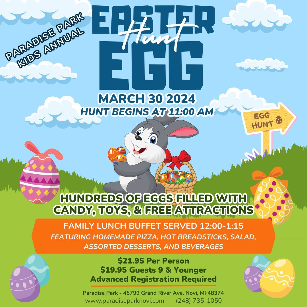 Calling all egg-cellent adventurers!

Join Paradise Park's Annual Egg Hunt on Saturday, March 30th at 11 AM! ⏰

Limited tickets available, so don't miss out! Get yours now at paradiseparknovi.com
