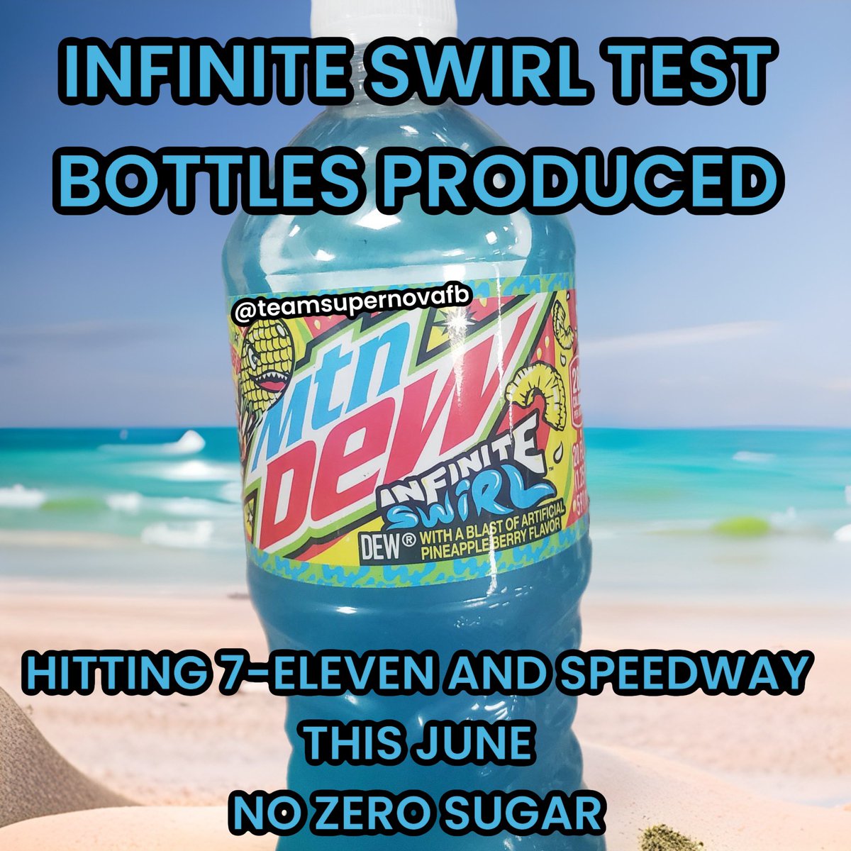 TeamSupernovaFB's tweet photo. We have our first look at TEST BOTTLES of Infinite Swirl thanks to an awesome follower on Instagram. Sounds like a store in California accidentally stocked the test bottle in store! Whoopsies! 😂

Infinite Swirl will be Pineapple Berry flavor (and astute readers will notice the strawberry pattern on the label$. Blue Typhoon? Maybe! We’ll see! 

This will be exclusively available as a permanent addition at 7-Eleven and Speedway locations this June. As of now, we believe it will only be available in 20 oz bottles, no fountain or Slurpee. No Zero Sugar will be sold.

Are you excited for this one? You know I am. Tag a friend and please consider SHARING to help grow the community! Let me know if you’ll be picking this up.

⬇️⬇️⬇️⬇️⬇️⬇️⬇️⬇️

https://t.co/J6fk34Sot1 - Join the Team Supernova Discord server!

Check out my Throne list! https://t.co/pxHOYHBk8p

Use code SUPERNOVA and save 20% at https://t.co/tko9AI6CO8

Have your product posted about/business reviewed/partner with Team Supernova -> email TeamSupernovaFB@gmail.com

#mtndew #mountain #dew #mountaindew #speedway #7eleven #seveneleven #exclusive #soda #pop #drink #drinks #junkfood #snacks #news #strawberry #pineapple #teamsupernova #fyp #trending #viral #influencer