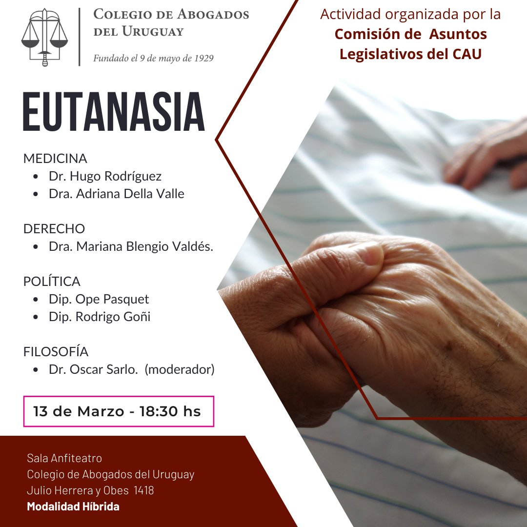 💡Charla de Eutanasia
🗓️Fecha: 13/03/2024 18:30hs
Lugar: Anfiteatro del CAU - Julio Herrera y Obes 1418
Actividad organizada por la Comisión de Asuntos Legislativos
Modalidad: Híbrida
👉Inscripción: tinyurl.com/bdh8wbmz