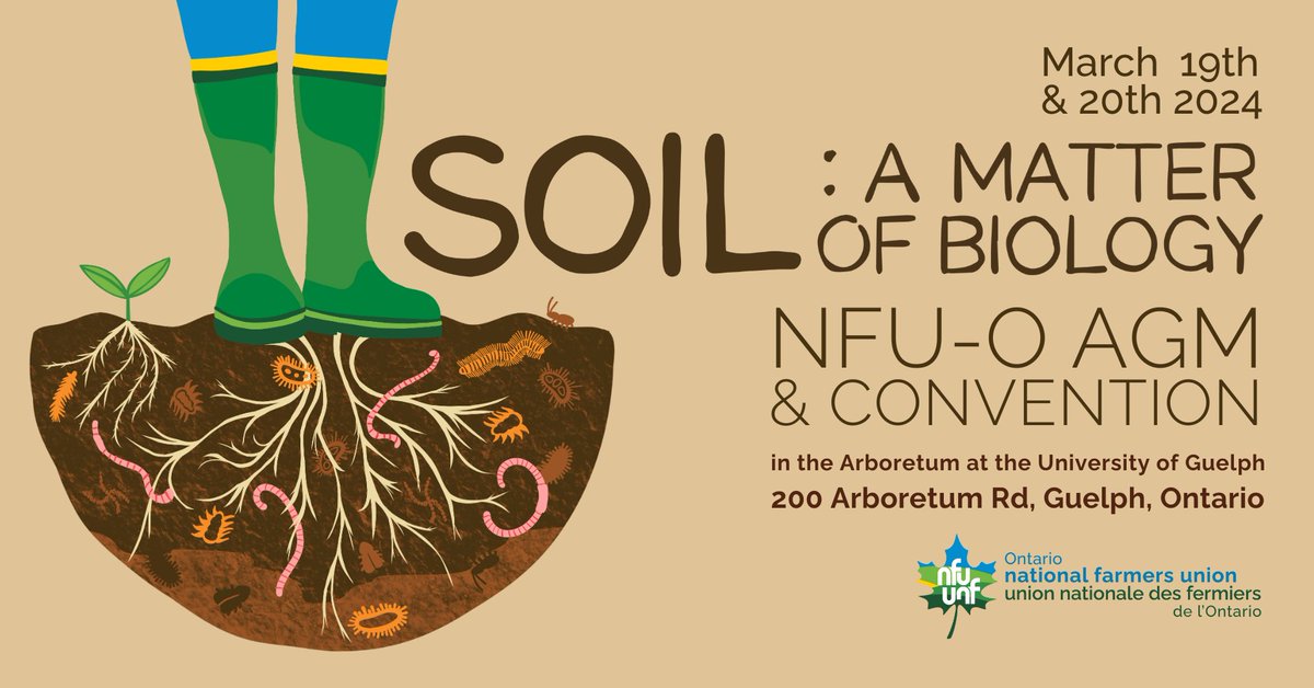 Our friends at @nfuontario have their 2024 AGM & Convention on March 19-20th in Guelph and online! Their theme is 'Soil: A Matter of Biology.' If you're already coming to our #2024FarmlandForum, why not come a few days early to attend both! Register: eventbrite.ca/e/2024-region-…