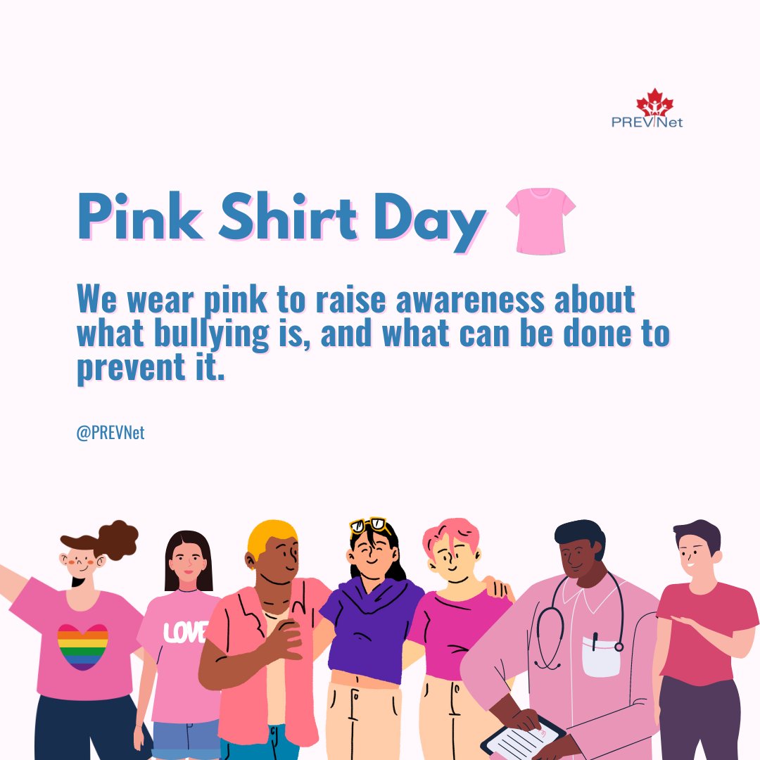 On #PinkShirtDay, we take a stand against bullying. We wear pink to raise awareness about what bullying is, and how to prevent it.

For more on what you can do for #BullyingPrevention, see comments for parents/caregiver, educator, teen &amp; kid resources.

prevnet.ca/bullying/