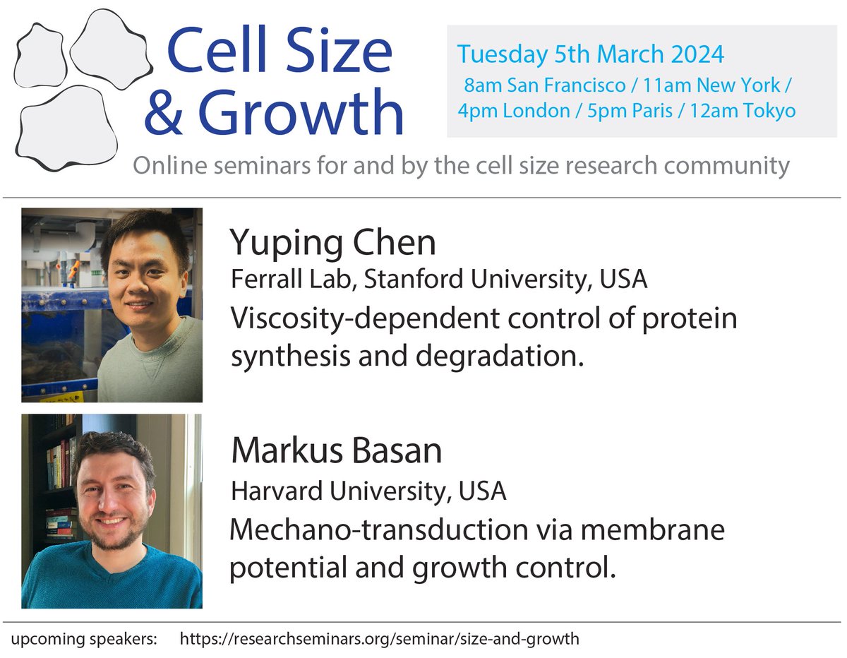 Cell Size and Growth Seminar is back again next Tuesday! Please join us for talks from Yuping Chen and Markus Basan.
