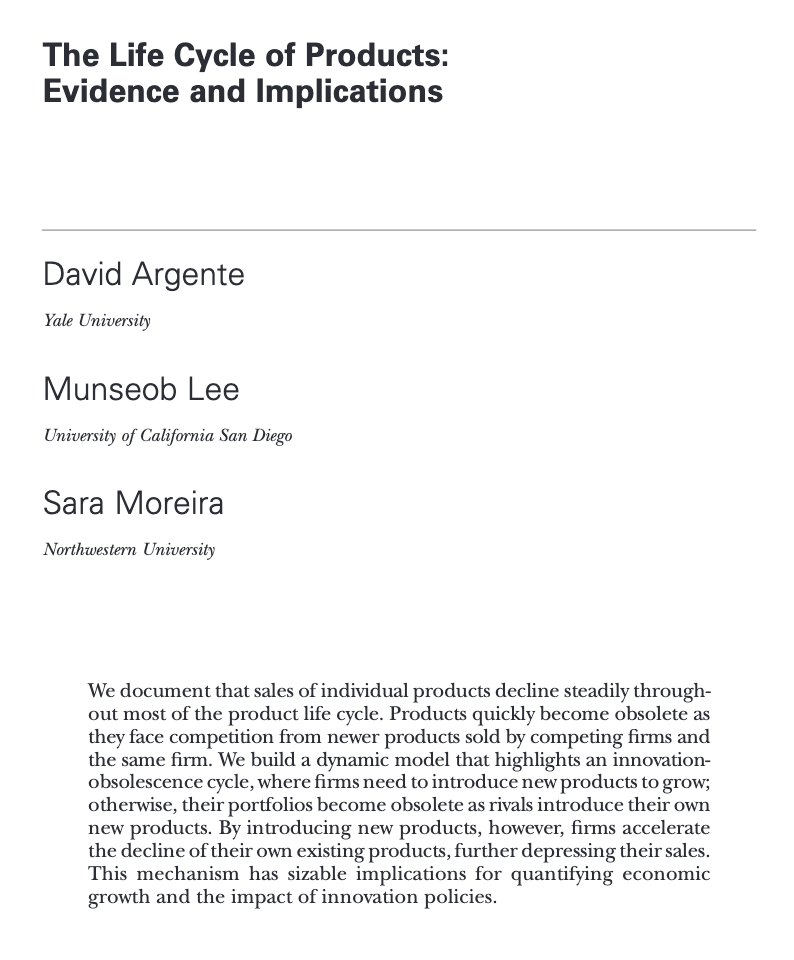 NEW in <a href="/JPolEcon/">JPE</a>, a look at the life cycle of products, and the implications for economic growth and innovation policies.

By David Argente (<a href="/dargente05/">David Argente</a>), Munseob Lee (<a href="/MunseobLee/">Munseob Lee</a>), &amp; Sara Moreira (<a href="/sarapfmoreira/">Sara Moreira</a>): economics.yale.edu/research/life-…