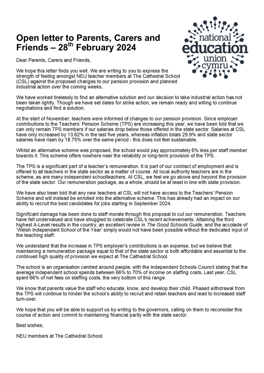 .<a href="/NEUCymru/">NEU Cymru</a> teacher members at <a href="/cslcardiff/">Cathedral School</a> are in dispute over proposed changes to pensions &amp; pay.
Read more in our open letter👇
Parents, carers &amp; friends of <a href="/cslcardiff/">Cathedral School</a> pupils - share our letter &amp; contact governors calling on them to maintain financial parity with state sector