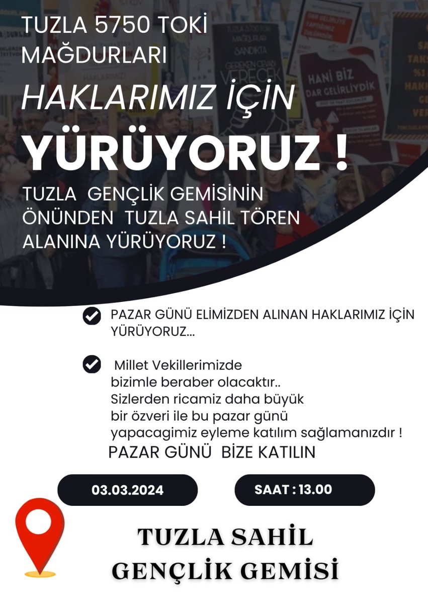 <a href="/murat_kurum/">Murat KURUM</a> #tuzla5750magdurları na verdigin sözleri tut biliyorsun her pazar yaslisi çocugu eylemde onlari siz sokaga döktünüz ‼️ SADAKA DEĞİL HAKLARINI İSTİYOR DURMAK YOKKK‼️<a href="/RTErdogan/">Recep Tayyip Erdoğan</a> <a href="/mehmetozhaseki/">Mehmet Özhaseki</a> <a href="/Toki_Kurumsal/">TOKİ</a> <a href="/murat_kurum/">Murat KURUM</a> <a href="/csbgovtr/">T.C. Çevre, Şehircilik ve İklim Dğş. Bakanlığı</a> 
#tuzla5750magdurları
#toki