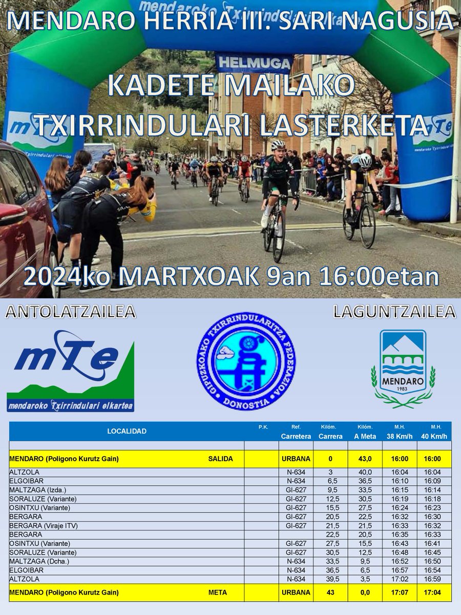 Mendaroko Txi. Elk. (@mendaro_txi_elk) on Twitter photo MENDARO HERRIA III. SARI NAGUSIA
Kadete mailako txirrindulari lasterketa Martxoak 9an arratsaldeko 16:00etan.
<a href="/mendaroko_udala/">Mendaroko Udala</a> <a href="/GTxF_/">Gipuzkoako Txirrindularitza Federazioa</a> MENDARO HERRIA III. SARI NAGUSIA
Kadete mailako txirrindulari lasterketa Martxoak 9an arratsaldeko 16:00etan.
<a href="/mendaroko_udala/">Mendaroko Udala</a> <a href="/GTxF_/">Gipuzkoako Txirrindularitza Federazioa</a>