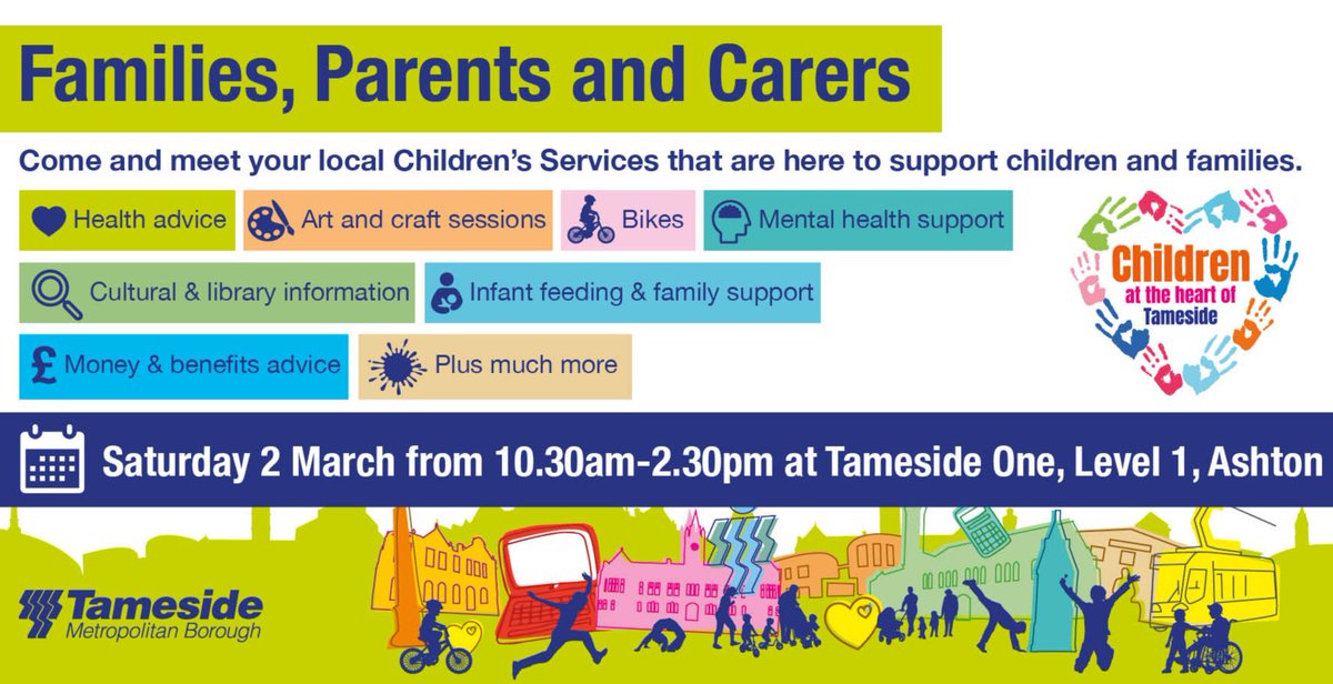 Parents and carers are invited to meet the local children’s services which support children, young people, and families across Tameside. Come along for info and play sessions. 📆 Sat 2 Mar 🕙10.30am-2.30pm 📍 Level 1 of Tameside 1, Market Pl, Ashton 🌐 bit.ly/3I70mAr