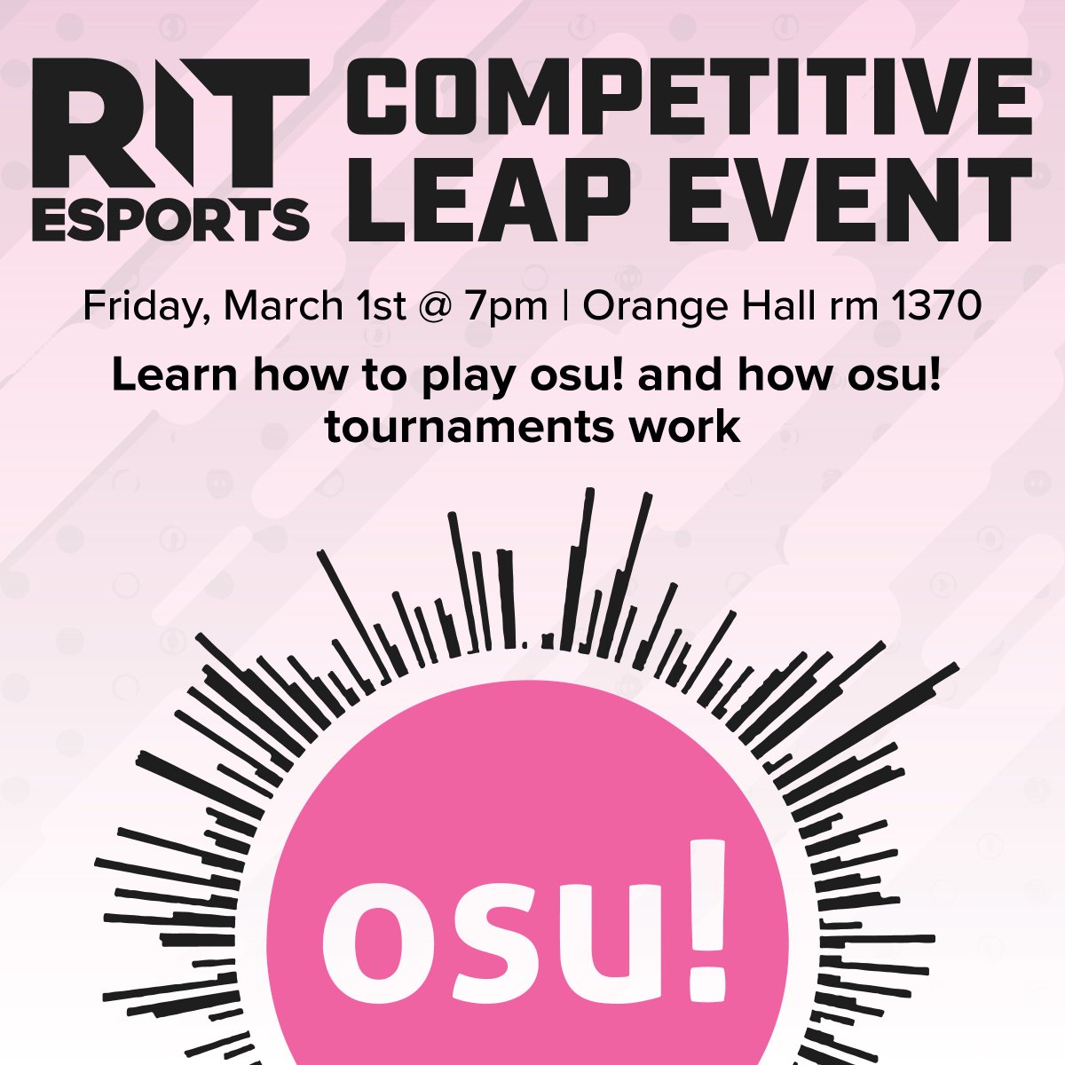 Do you love clicking circles? Or want to learn how to? Join us this Friday at 7pm in Orange Hall for our first osu! competitive leap! Competitive leaps are workshops meant to teach and hone new skills for players and open to anyone! (if you are coming bring ur own gear plz)