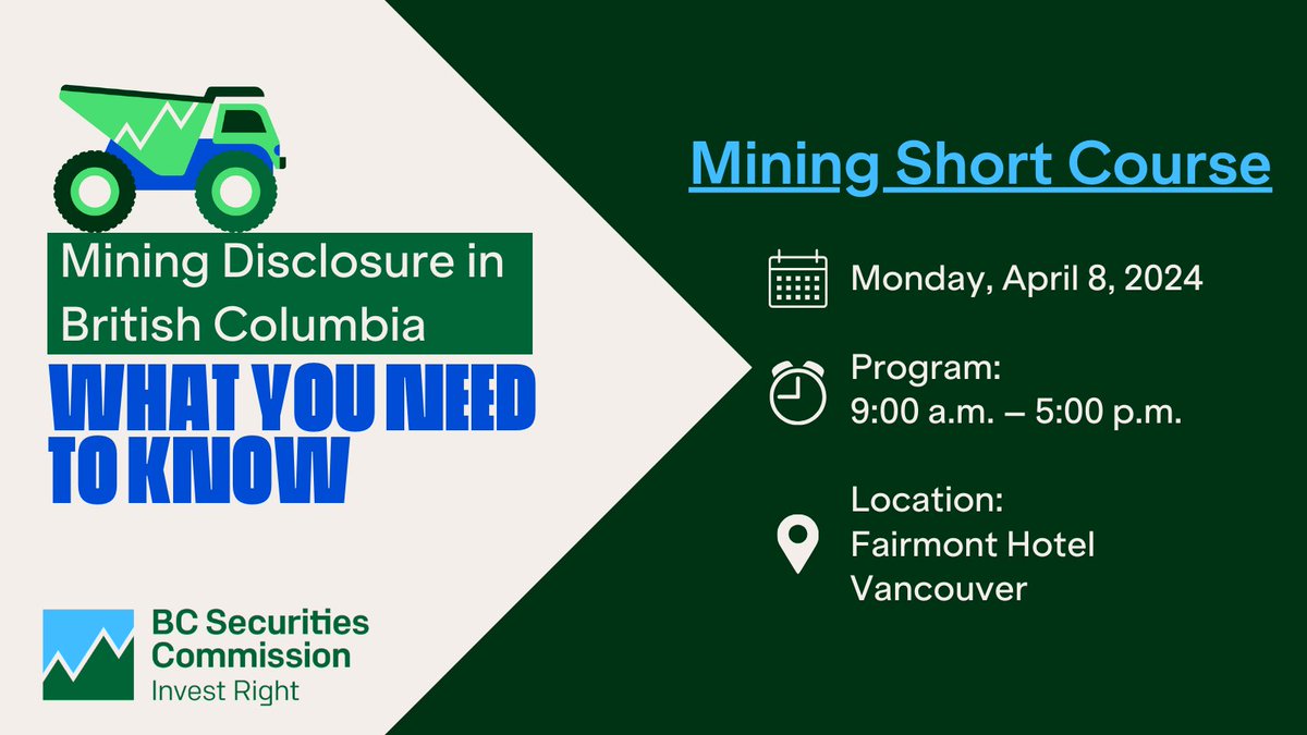 Just announced! The BC Securities Commission is partnering with the <a href="/BoardofTrade/">Greater Vancouver Board of Trade</a> to offer a new mining short course for mining professionals and others raising capital in the sector on April 8. Register: ow.ly/hySG50QGtus