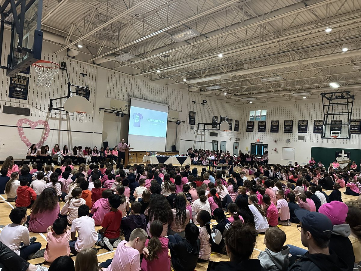 Today at our school assembly @SHOJ_HCDSB , we stand together in solidarity for #PinkShirtDay, promoting kindness and standing up against bullying. Let's spread love and positivity, one pink shirt at a time! 💕 #EndBullying @HCDSB