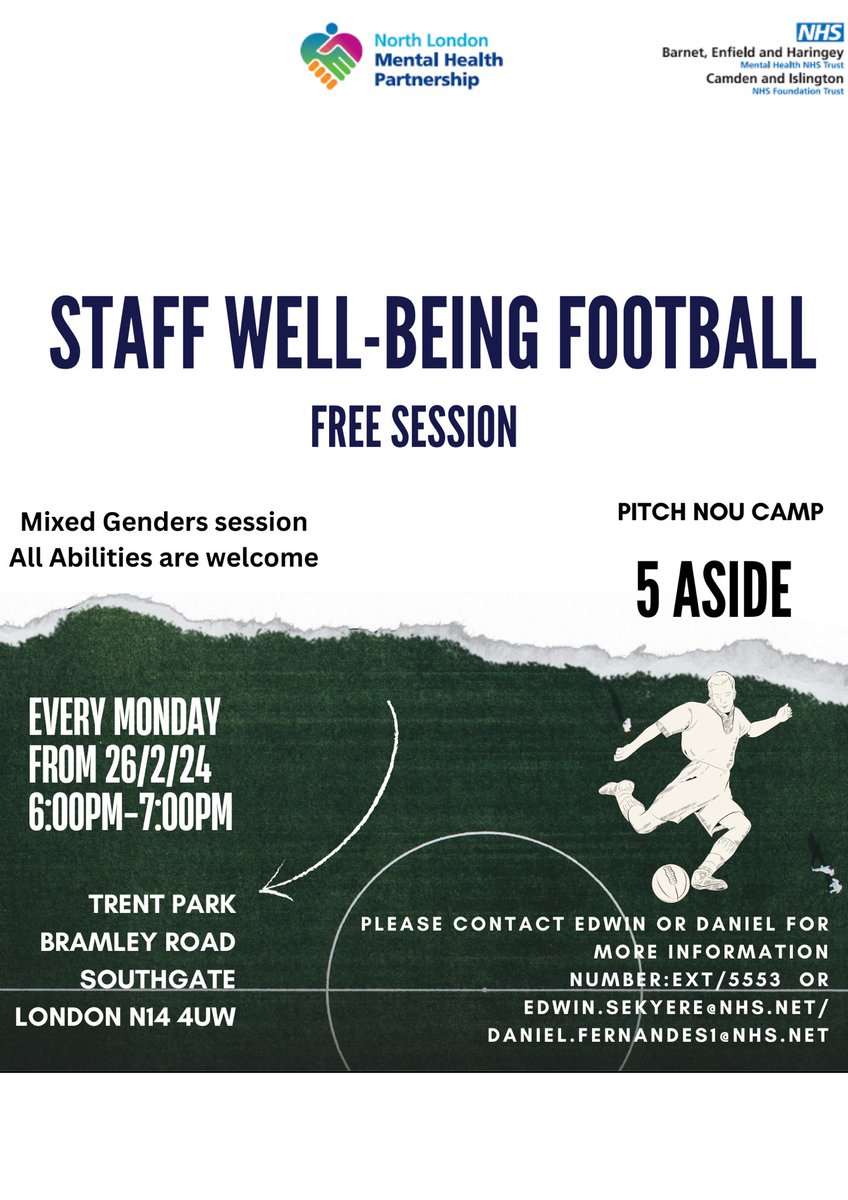 Staff Well-Being Football sessions are now back up and running!🙌🏿  Come down to Trent park if you want to let off steam or just have a kick about! All staff are welcome to the mixed genders sesssion👌🏿⚽️
