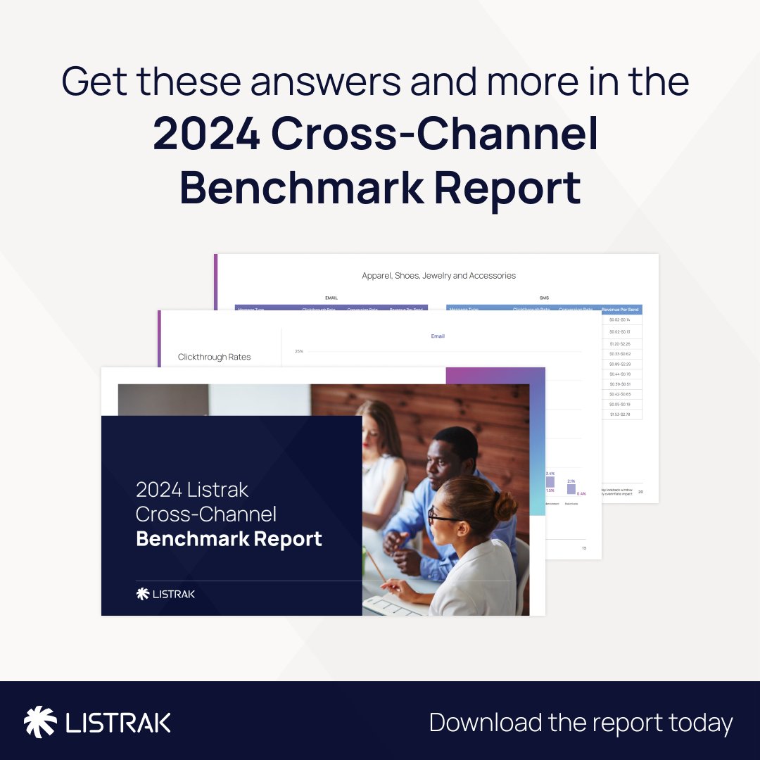 Listrak's tweet image. Hot off the press: Listrak&apos;s Cross-Channel Benchmark Report! Get it now for Email and SMS data across 13 campaigns and 14 verticals to uncover the most effective campaigns for brands and retailers today to shape your strategy.  ow.ly/o4QW50QIPHI  #Listrak #BenchmarkReport