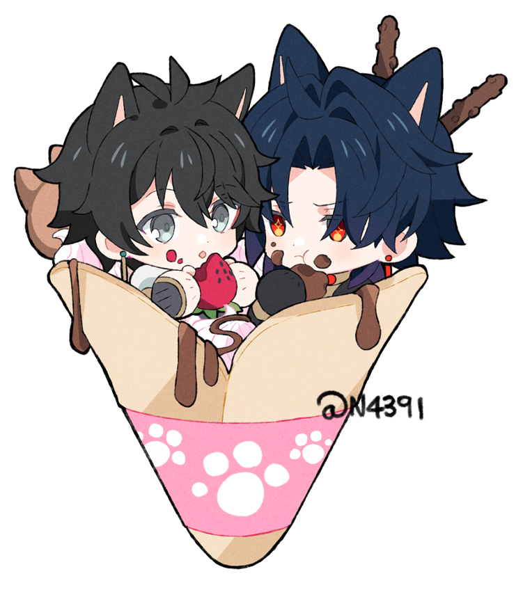 blade (honkai: star rail) ,dan heng (honkai: star rail) multiple boys 2boys food male focus food on face animal ears black hair  illustration images