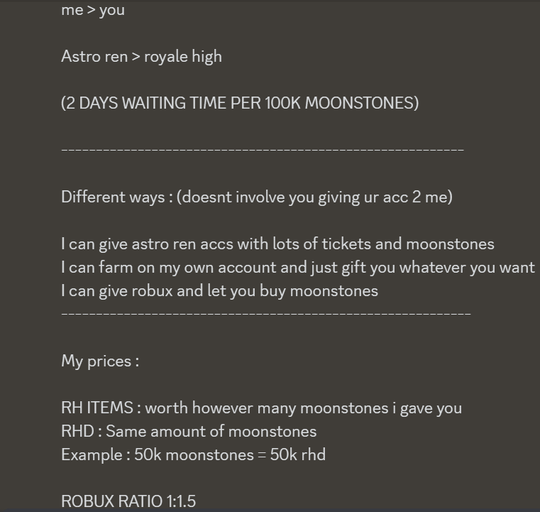 rhfand0m's tweet photo. astro ren > royalehigh/robux
prices n everything in pic

#astrorennaissance #astroren #robux #royalehigh #crosstrade #rhd #rhh #rhi #astrorennaissancemoonstones #astrorennaissancetickets #astromoonstones #astrotickets #astrorennaissancetutorial https://t.co/qwcSgOlof0