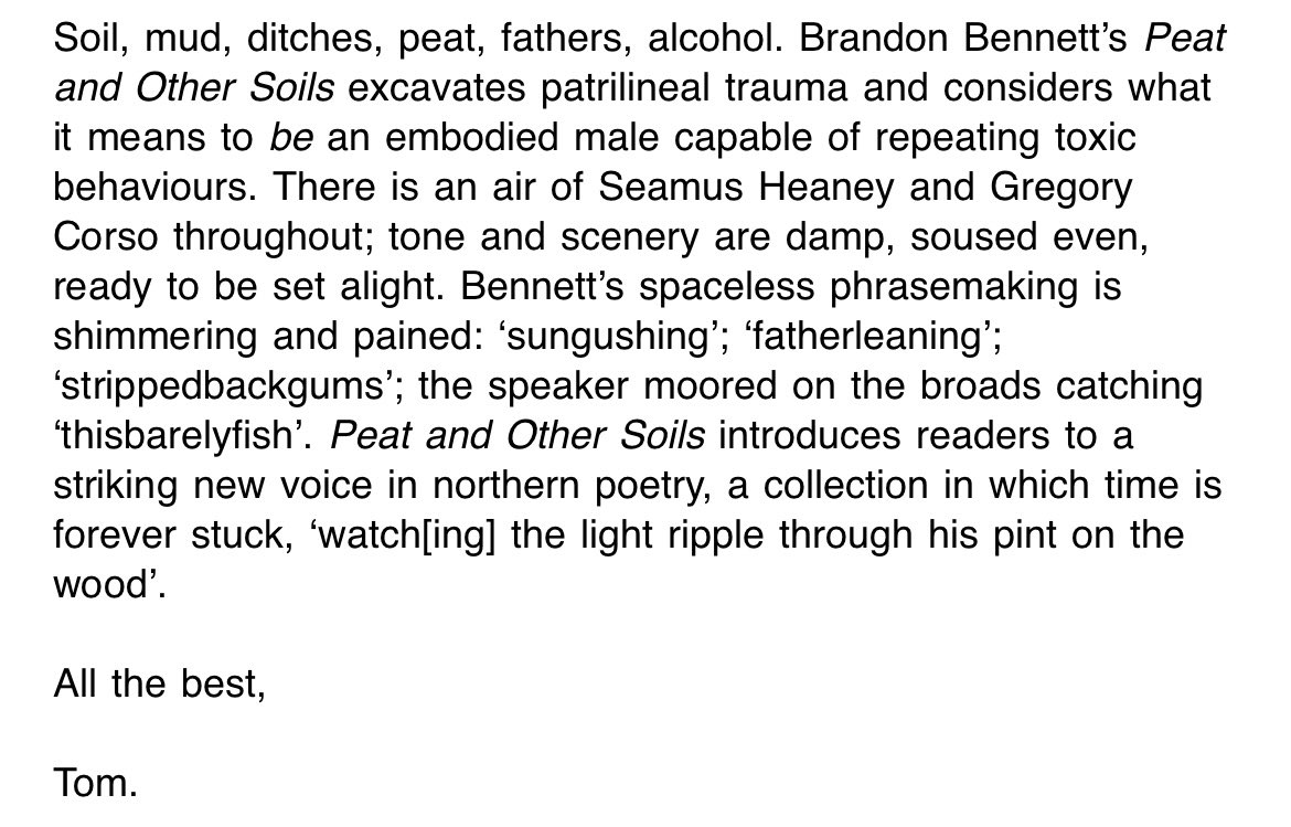 Can’t wait to release Peat and Other Soils with <a href="/of_whilst/">death of workers whilst building skyscrapers</a> - if I never publish another word I’ll be ok knowing it is out in the world. Thanks to everyone that believed in it, and thank you to <a href="/tombranfoot/">Tom Branfoot</a> for the killer blurb -