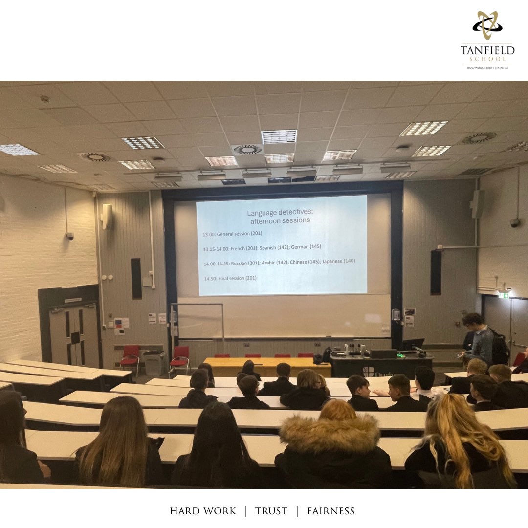 TanfieldSchool's tweet image. Today year 8 and 9 students attended Durham University School of Modern Languages. The students put their language skills to the test in a code-breaking exercise, learned about how languages are linked, and what careers a modern languages degree can lead to.  #LanguageDetectives