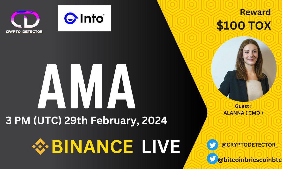 🎙️ We're pleased to announce our next Binance Live AMA With @INTOverse_ On 29th February  2024, 3 PM UTC !

🥂 Reward : 100$ USDT
Venue: binance.com/en/live/u/4462…

Set Reminder: binance.com/en/live/video?…

Rules :
➡️Follow: <a href="/CRYPTODETECTOR_/">CRYPTO DETECTOR ll Spaces + AMA</a>   &amp;  x.com/INTOverse_?s=09
➡️Like,