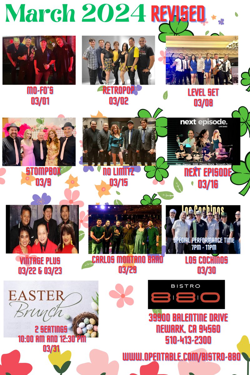 DoubleTreenwkfr's tweet image. Checkout our REVISED March 2024 Entertainment schedule!

#bistro880 #localentertainment #entertainment #bands #newarkca #newarkcalifornia #theweekend #fridays #saturdays #music #livemusic #popmusic #latinrock #latinmusic #UpcomingEvents #dancing #march2024 #bayarea #revised