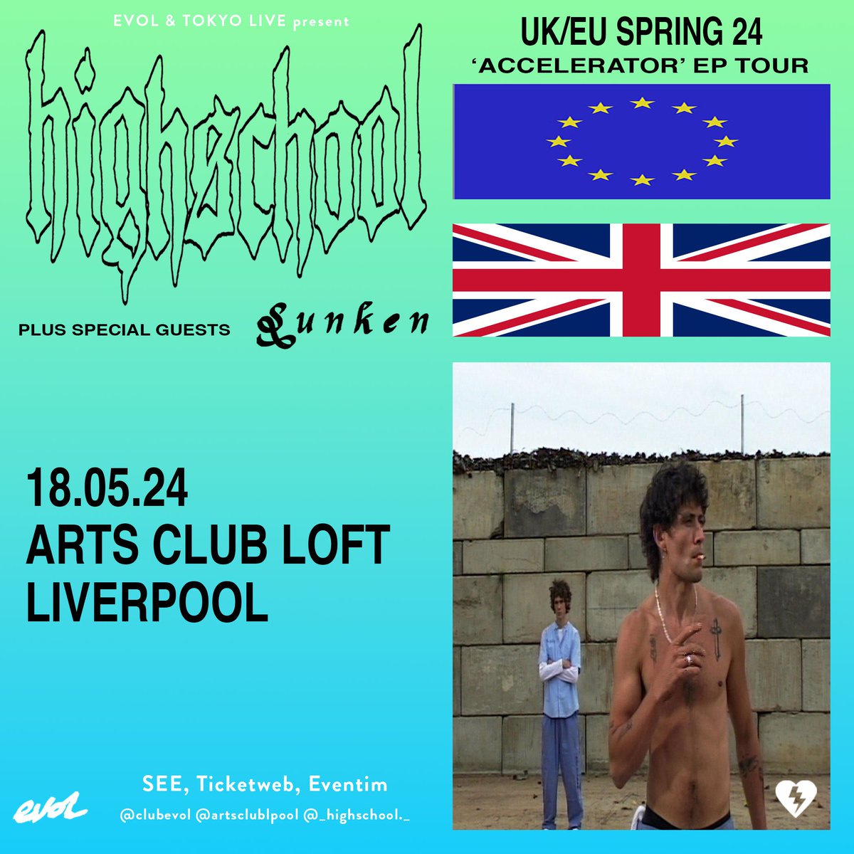***ANNOUNCEMENT*** Delighted to have London-based, Melbourne-raised post-punk duo 𝐇𝐢𝐠𝐡𝐒𝐜𝐡𝐨𝐨𝐥 and special guests @Sunken_Music joining us at @artsclublpool May 18 in support of new EP 𝘈𝘤𝘤𝘦𝘭𝘦𝘳𝘢𝘵𝘰𝘳 - out April 19 @pias_australia. Tickets on-sale 9am Fri March 1.