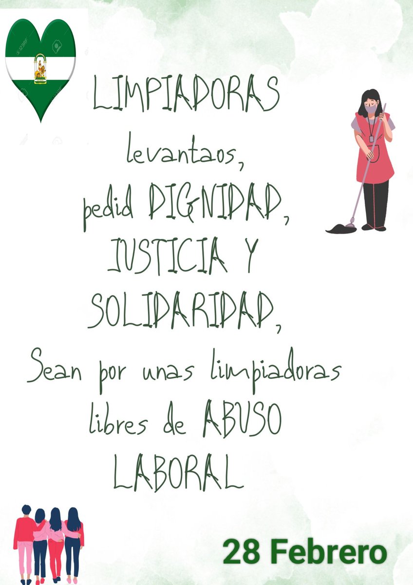 #DiaDeAndalucia
Las limpiadoras no queremos  que se nos considere ciudadanas de segunda @AndaluciaJunta                              @aemprende                              @JuanMa_Moreno.                      @Govillamandos 
 ‼️SOLUCIÓN YA ‼️      
 #LasLimpiadorasTambienComen