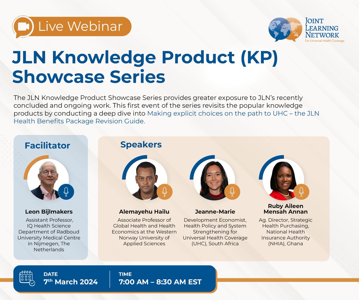 Joint Learning Network (@jln4uhc) on Twitter photo 📢 Join us for the #JLN4UHC Knowledge Product (KP) Showcase Series webinar as we revisit popular KP taking a deep dive into, "Making Explicit Choices on the Path to #UHC – The JLN Health Benefits Package Revision Guide."📍 If interested write to us at jln@amref.org #JLNWebinar 📢 Join us for the #JLN4UHC Knowledge Product (KP) Showcase Series webinar as we revisit popular KP taking a deep dive into, "Making Explicit Choices on the Path to #UHC – The JLN Health Benefits Package Revision Guide."📍 If interested write to us at jln@amref.org #JLNWebinar