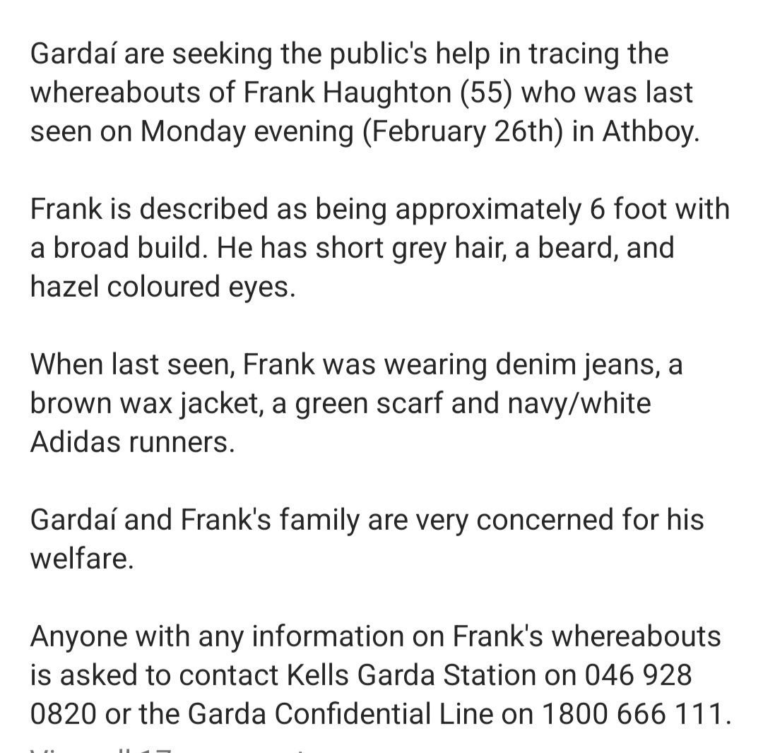 A Class of Wine (@aclassofwine) on Twitter photo Frank Haughton from <a href="/McHughsOnline/">McHugh's Off-Licence</a> has been missing since Monday 26th Feb. Last seen in Athboy Co Meath. Please share so we can find Frank safe and well.
Thank you Frank Haughton from <a href="/McHughsOnline/">McHugh's Off-Licence</a> has been missing since Monday 26th Feb. Last seen in Athboy Co Meath. Please share so we can find Frank safe and well.
Thank you
