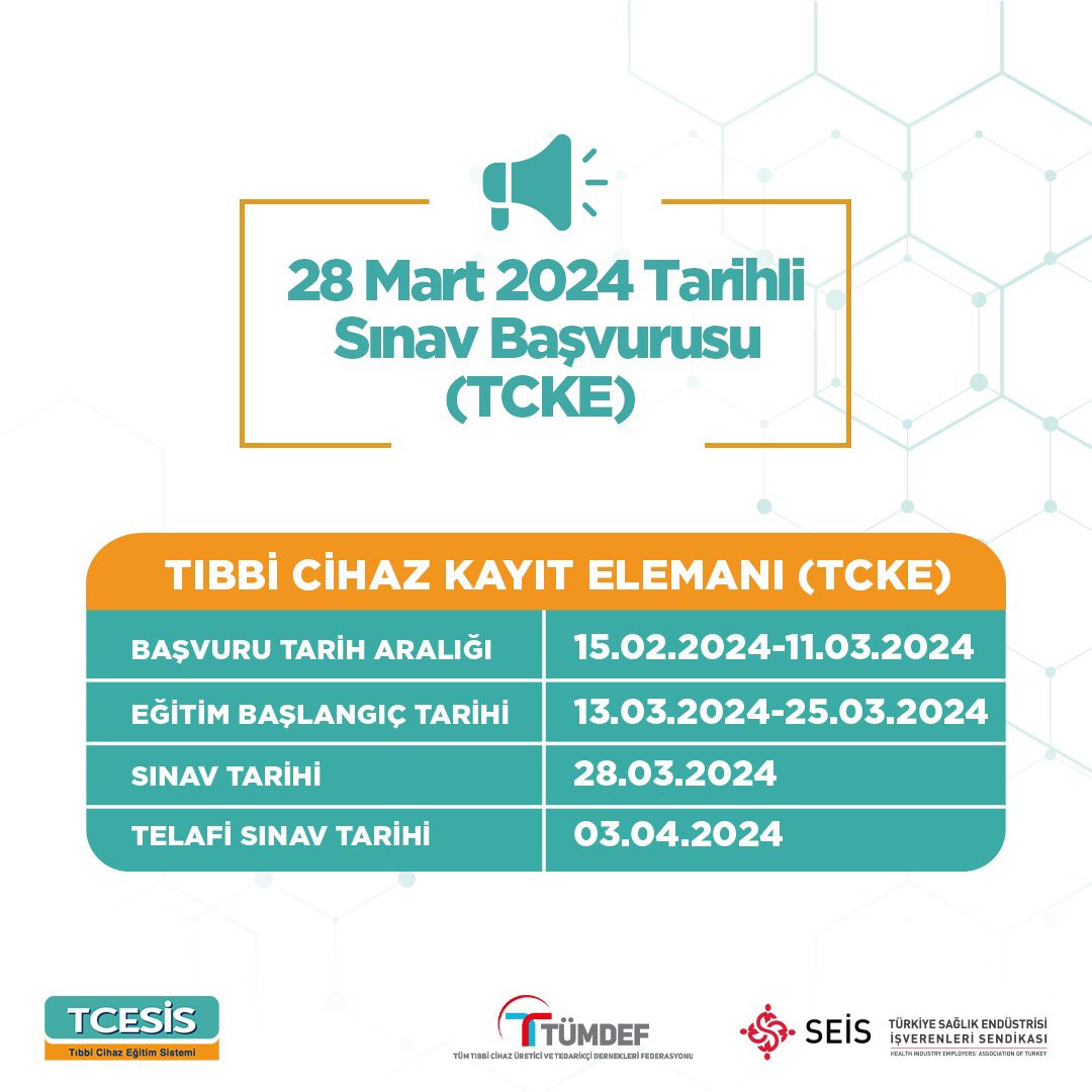 tumdef's tweet photo. 28.03.2024 tarihli Tıbbi Cihaz Kayıt Elemanı sınavına katılmak için eğitim başvurusunda bulunacak adayların en geç 11.03.2024 mesai bitimine kadar başvurularını kesinleştirmiş olmaları gerekmektedir. Başvuru hakkında detaylı bilgi için; https://t.co/IF2AjUMsgX
@kyz841 @met_dmir https://t.co/lUC40pESn4