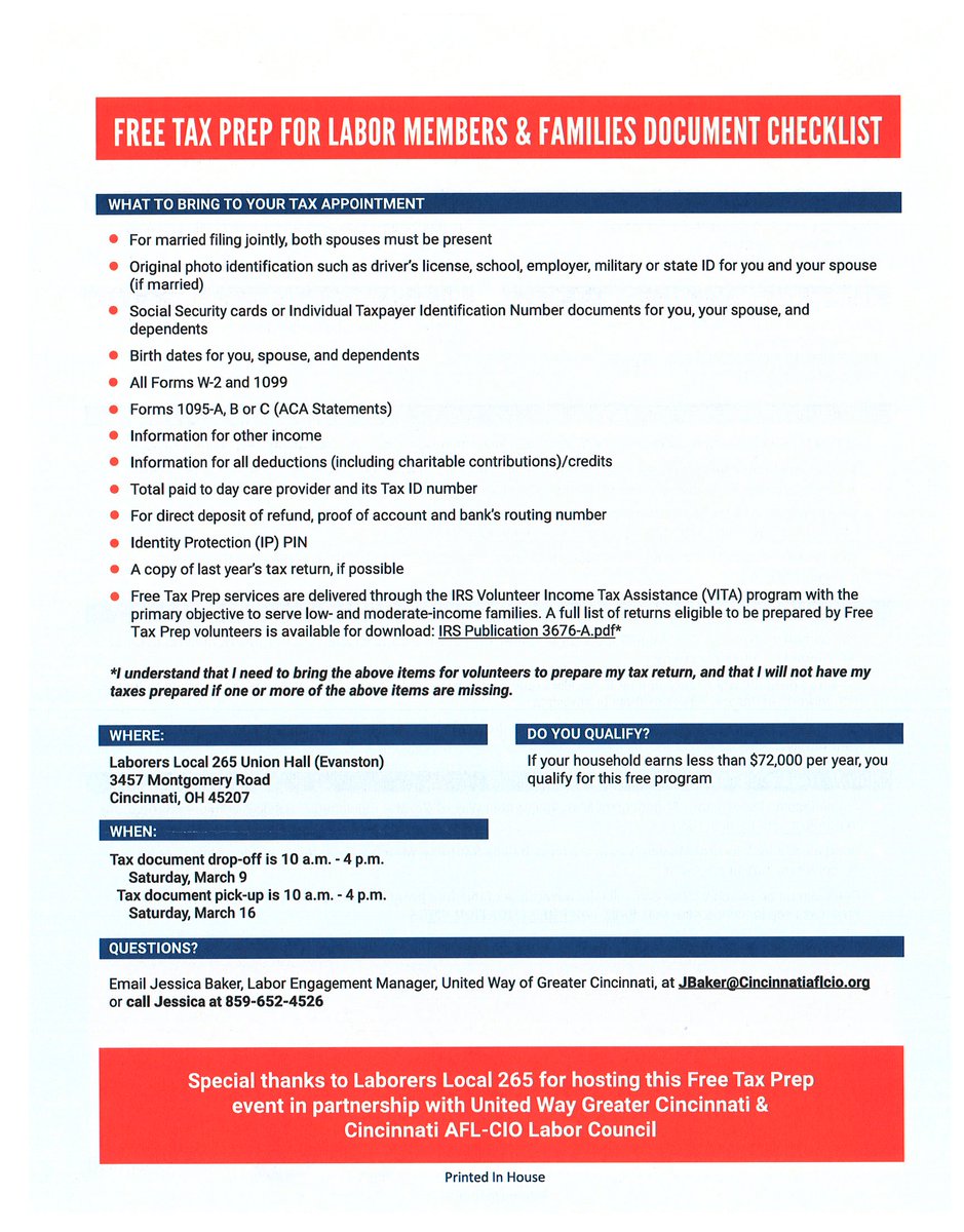 ATTN CINCINNATI MEMBERS: Cincinnati AFL-CIO Labor Council is offering Free Tax Prep for Union Members. Please see the flyers for more information.