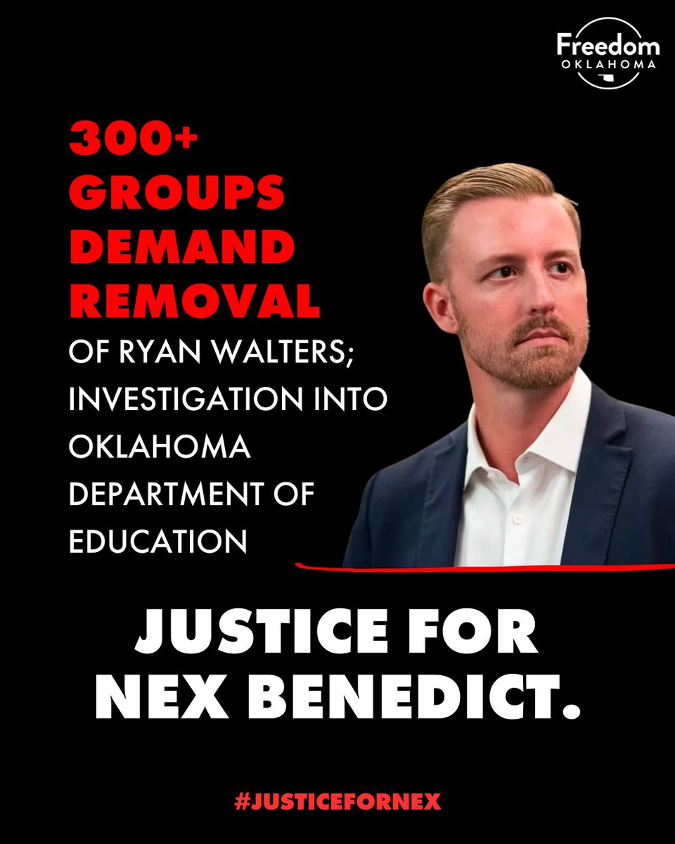 Following the death of Nex Benedict, more than 350 organizations today are calling for removal of @RyanWaltersSupt and an investigation into the Oklahoma DOE. Read here: bit.ly/JusticeForNex