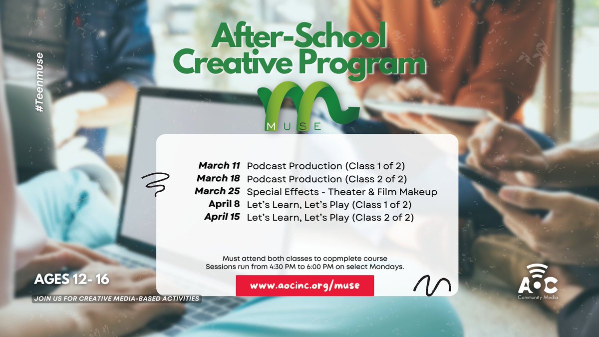 aocinlft's tweet image. 🌟 Spring into creativity with AOC&apos;s Teen Muse workshops! 📅 Dates are out &amp;amp; spots are filling up. Join fellow young creators and unleash your potential! Register now at aocinc.org/muse. #CreateWithAOC #TeenMuse