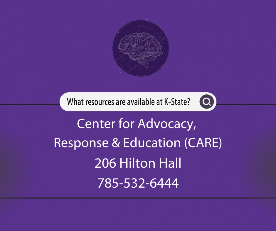 CARE offers confidential, free and voluntary resources to students, staff and faculty who have been impacted by sexual violence, domestic/dating violence, sexual harassment, and stalking. More info: k-state.edu/care/